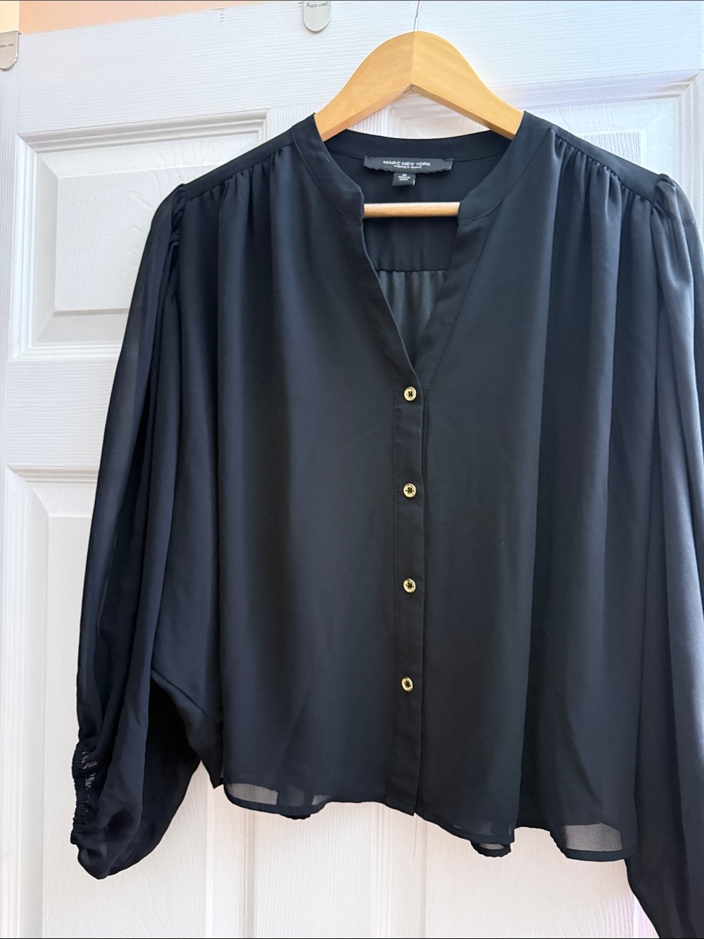 Equipment Black Silk Button-Down Blouse with Gold Buttons